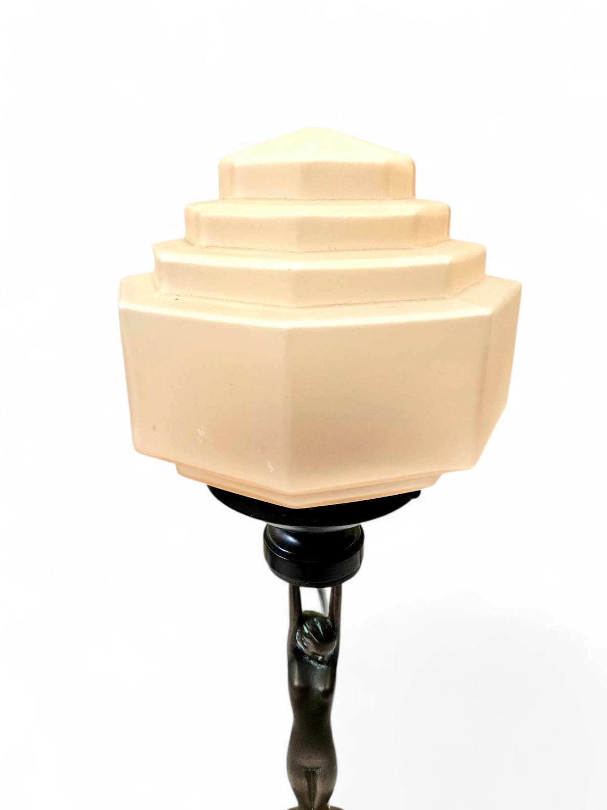 Art Deco 'Diane' bronze and brass lamp with stepped pink shade circa 1930s