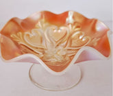 Dugan Iridescent Marigold Peach Carnival Glass Scalloped edge footed Comport