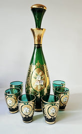Vintage Venitian Emerald Green Gold Gilt Enamel Floral Decanter & Glass Set