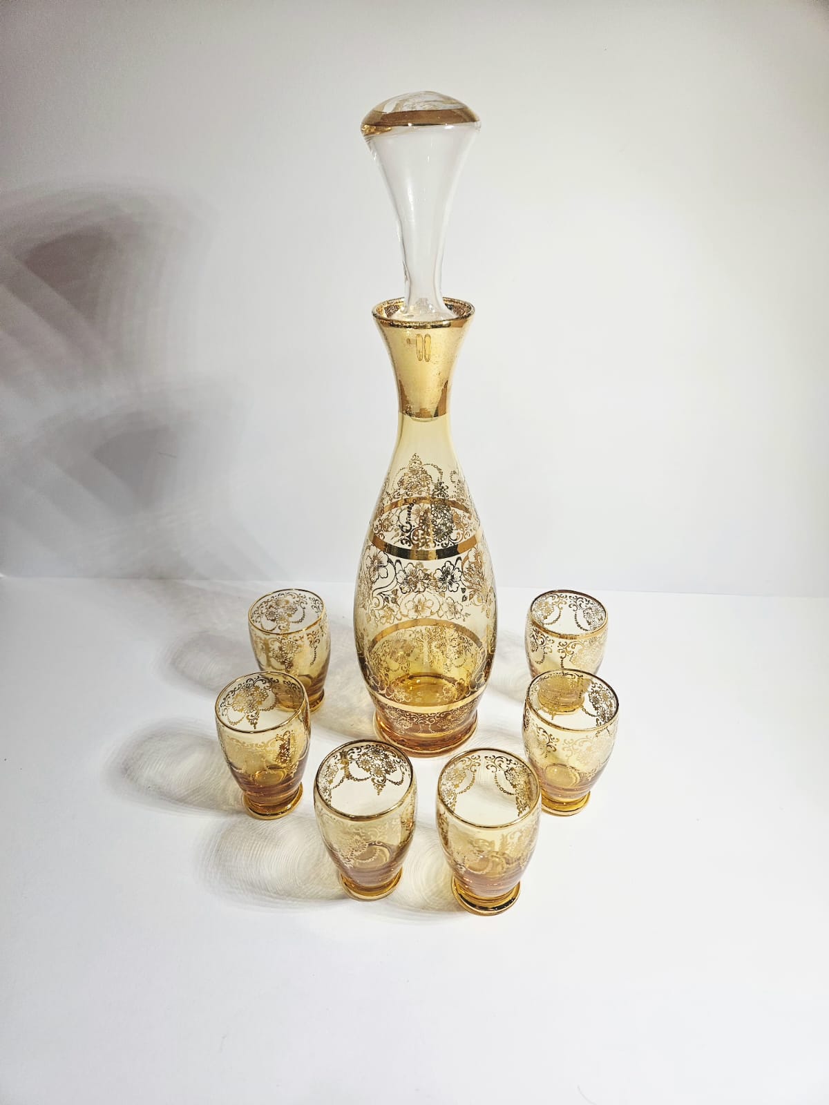 Vintage LAGUNA Murano Glass Amber & Gold Leaf decanter 6 glasses