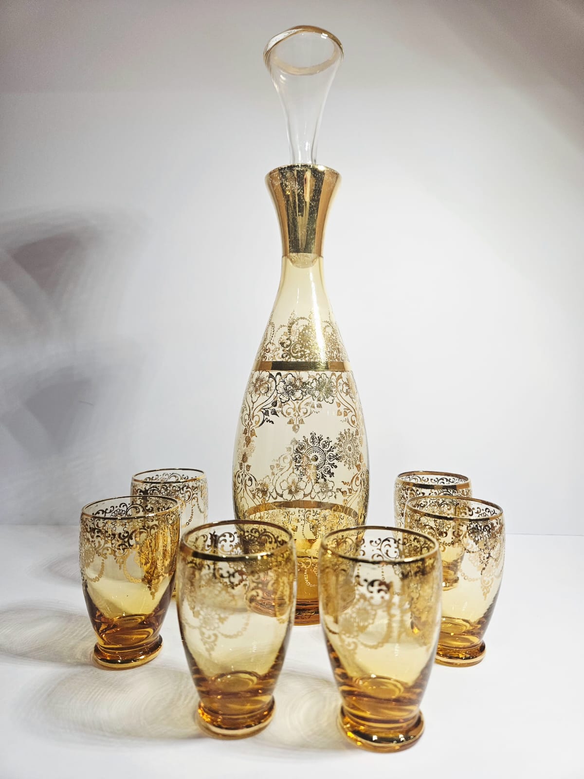 Vintage LAGUNA Murano Glass Amber & Gold Leaf decanter 6 glasses