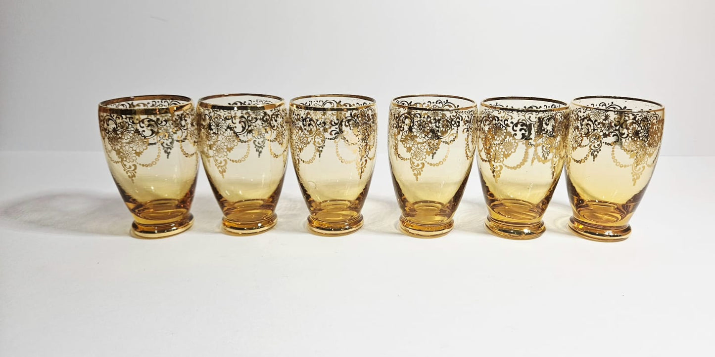 Vintage LAGUNA Murano Glass Amber & Gold Leaf decanter 6 glasses