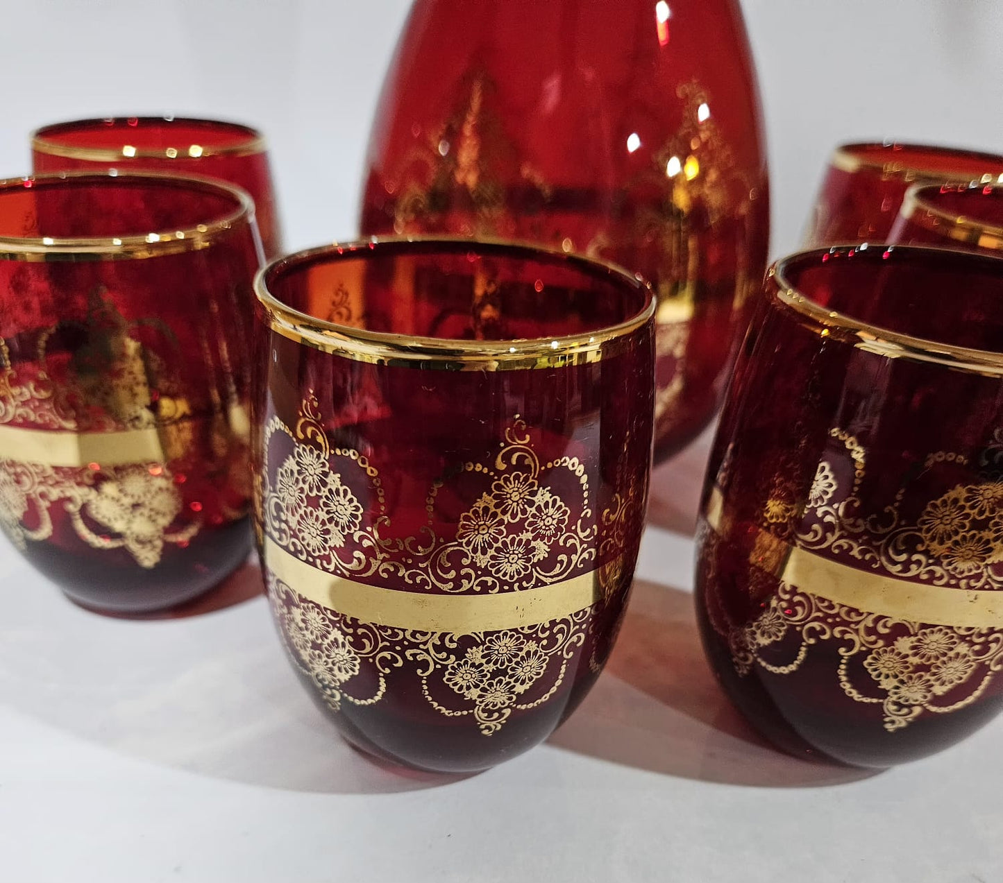 Ferro & Lazzarini Murano Ruby Red Glass Decanter set with 6 glasses