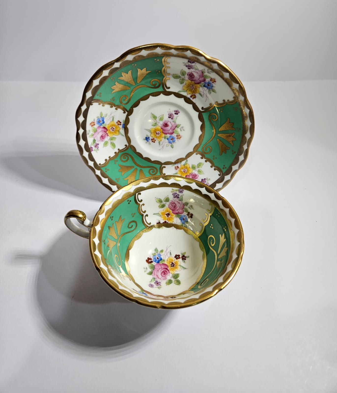 E.B. Foley Green and White Panel Teacup and Saucer with Flowers c.1970