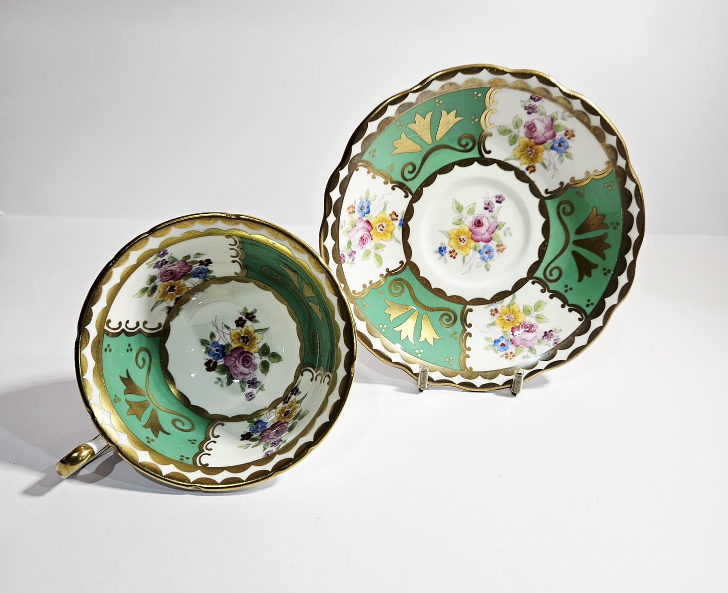 E.B. Foley Green and White Panel Teacup and Saucer with Flowers c.1970