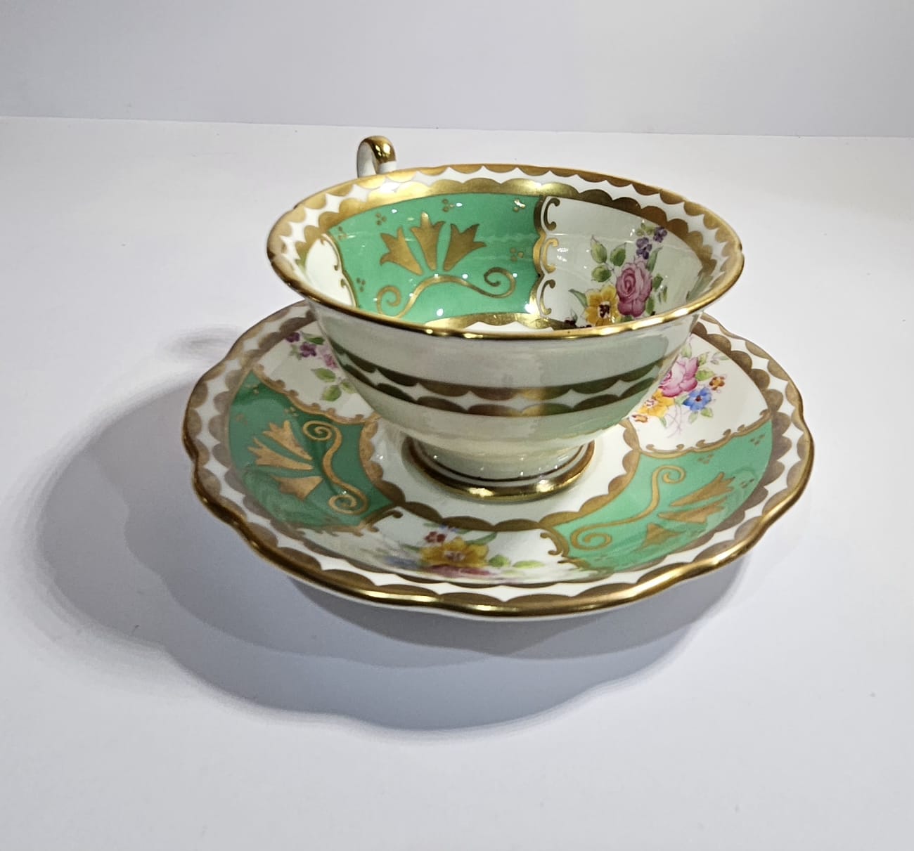 E.B. Foley Green and White Panel Teacup and Saucer with Flowers c.1970
