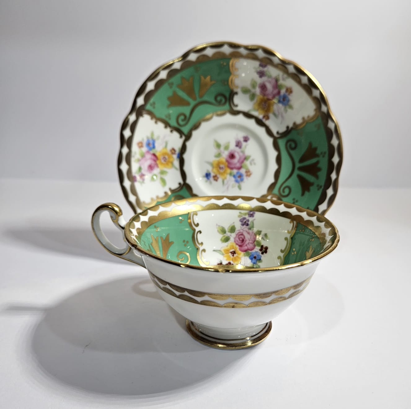 E.B. Foley Green and White Panel Teacup and Saucer with Flowers c.1970