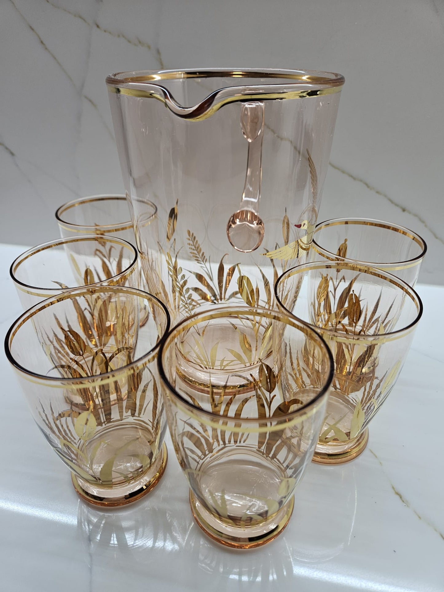 Fabulous Retro kitsch Pale pink and Gold Lemonade set with six glasses