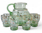 Vintage Green & Gold Trim Pitcher & 6 Glasses with elegant etched antelope.