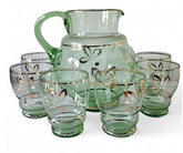 Vintage Green & Gold Trim Pitcher & 6 Glasses with elegant etched antelope.