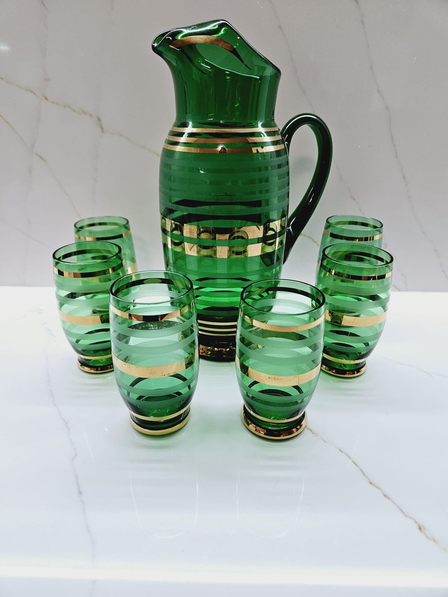 Vintage Bohemian Czech Green Glass Cocktail Decanter Pitcher & 6 Matching Glasses Green and Gold Bands