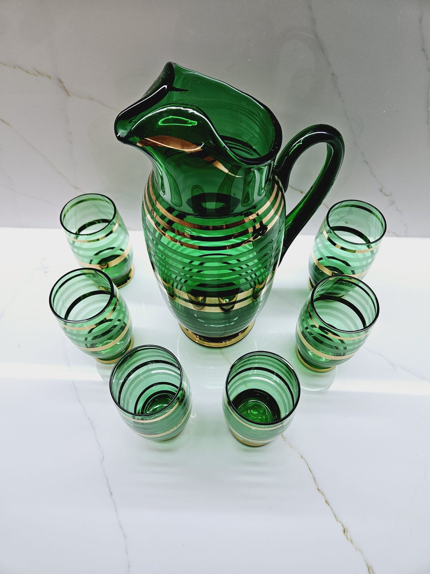 Vintage Bohemian Czech Green Glass Cocktail Decanter Pitcher & 6 Matching Glasses Green and Gold Bands