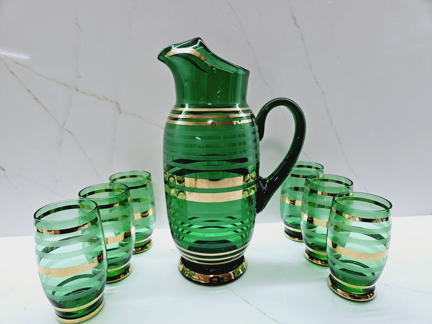 Vintage Bohemian Czech Green Glass Cocktail Decanter Pitcher & 6 Matching Glasses Green and Gold Bands