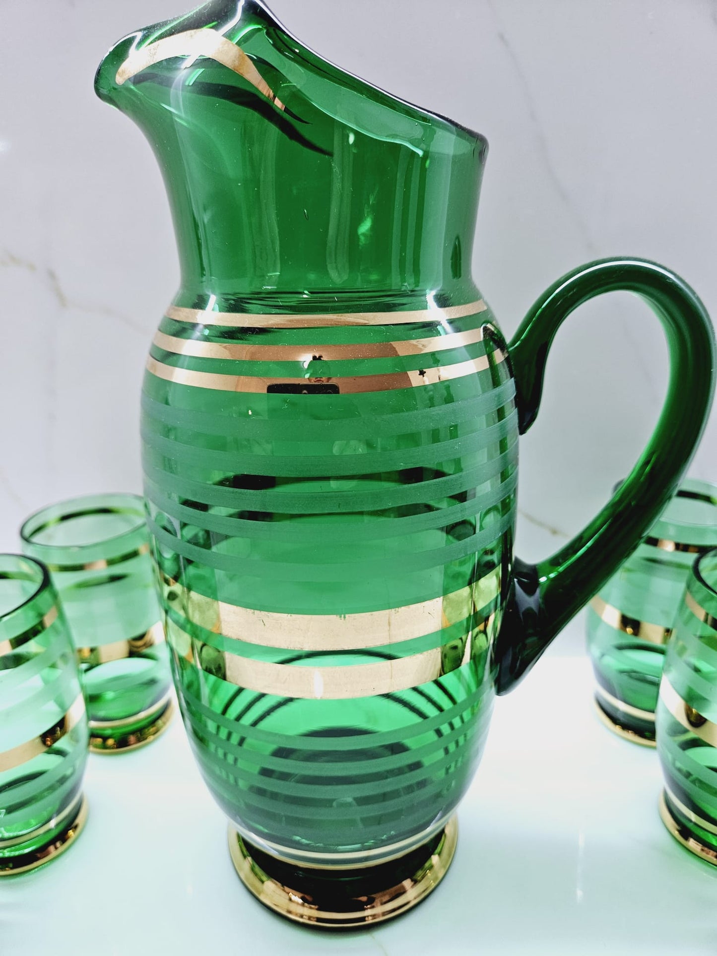 Vintage Bohemian Czech Green Glass Cocktail Decanter Pitcher & 6 Matching Glasses Green and Gold Bands