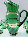 Vintage Bohemian Czech Green Glass Cocktail Decanter Pitcher & 6 Matching Glasses Green and Gold Bands
