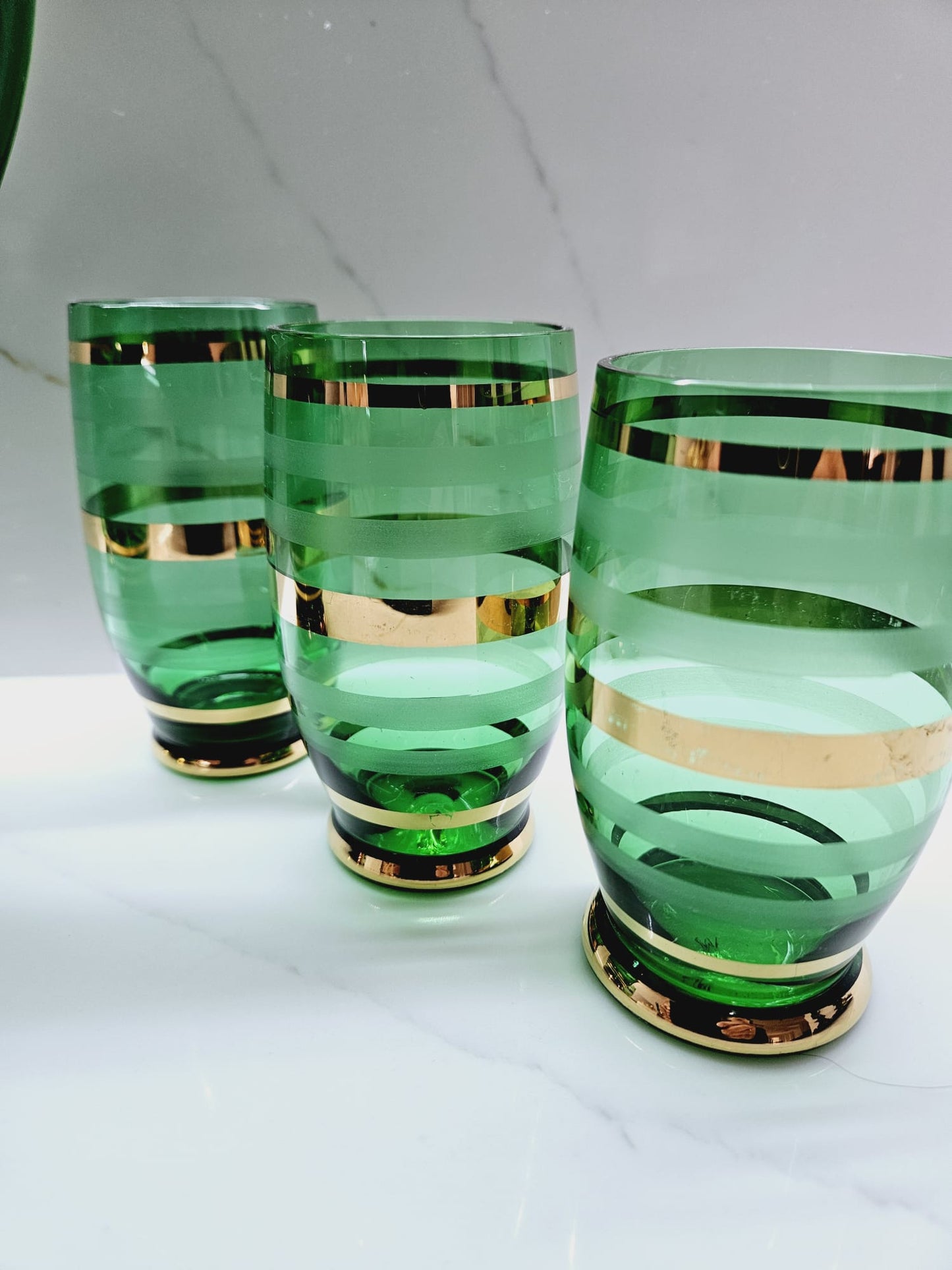 Vintage Bohemian Czech Green Glass Cocktail Decanter Pitcher & 6 Matching Glasses Green and Gold Bands