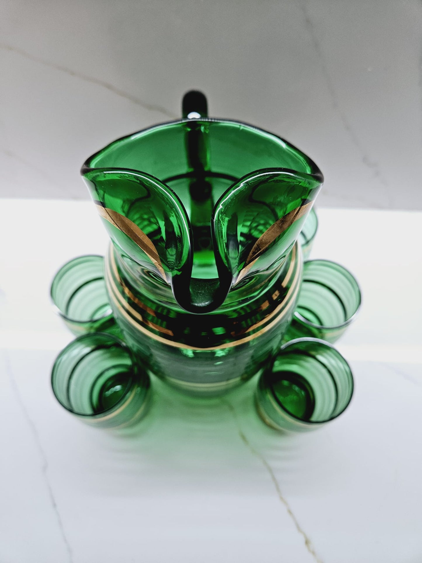 Vintage Bohemian Czech Green Glass Cocktail Decanter Pitcher & 6 Matching Glasses Green and Gold Bands