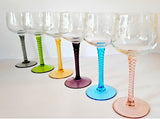 Six Vintage Harlequin High stem Engraved Wine Hock Glasses c1960