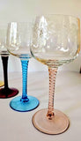 Six Vintage Harlequin High stem Engraved Wine Hock Glasses c1960