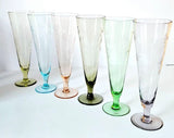 6 Vintage Harlequin Pilsner Glasses Etched with Flower designs
