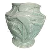 Vintage ironstone Burleigh Ware vase, pale minty green ceramic vase with birds in flight
