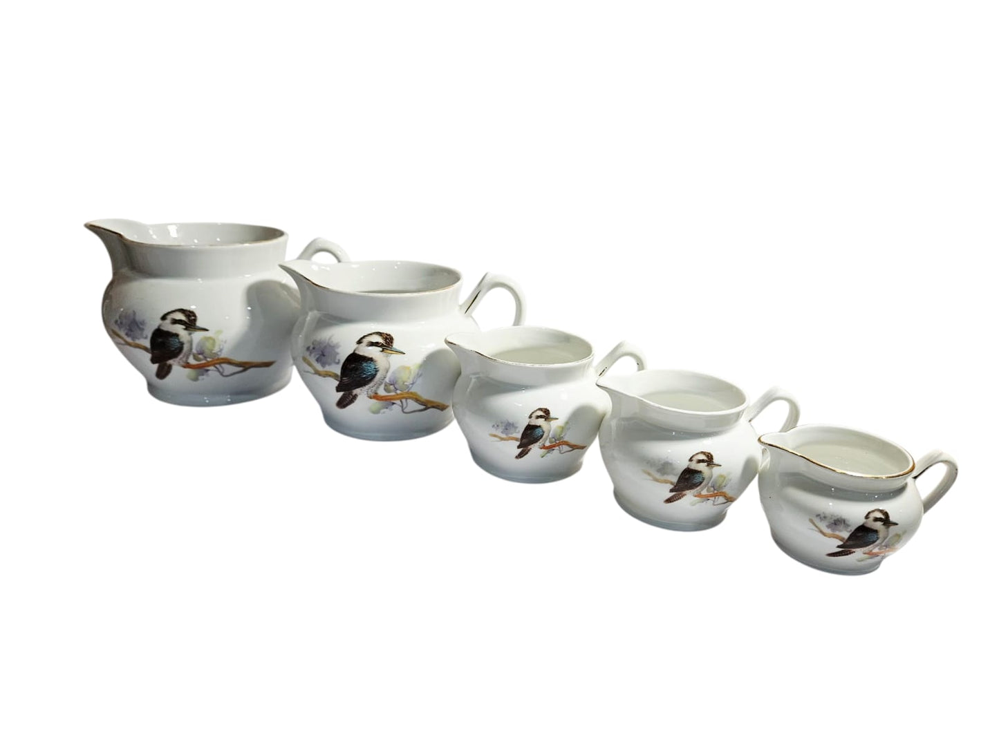 RARE! Vintage Art Deco Kookaburra Bone China set of 5 graduated Jugs - Keh Scherzer Bavaria 1930's