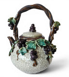 Large Vintage Majolica Pottery Teapot Purple Grape and vine leaves