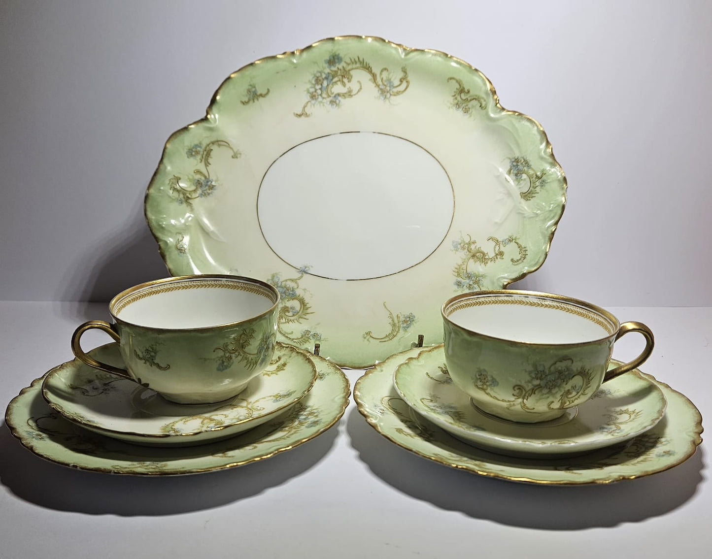 2 x Haviland & Co. Limoges France Hand Painted trios & Cake Plate circa 1920