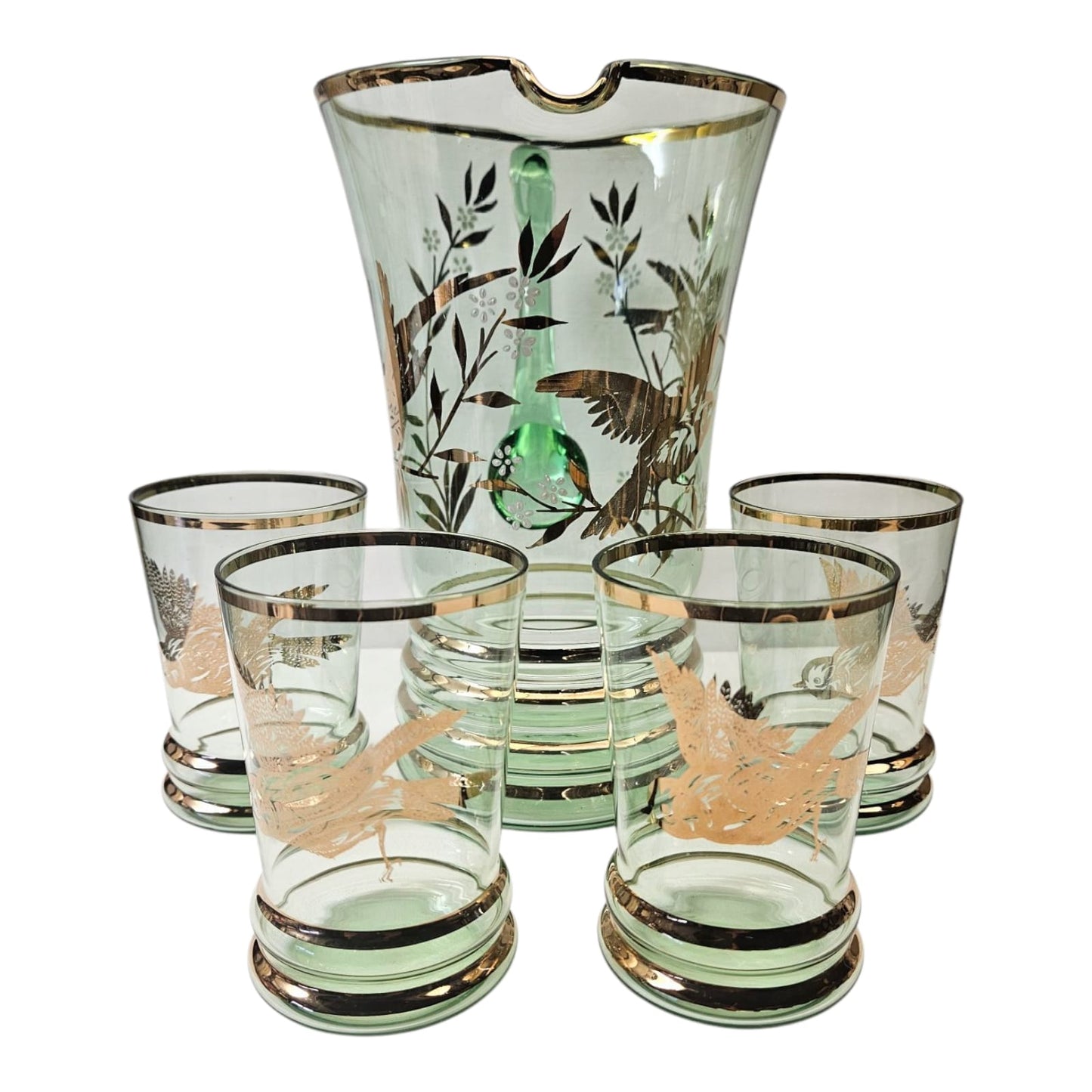 Bohemia Lemonade Suite with 1 green Pitcher and 4 glasses with gold birds and foliage 1950s