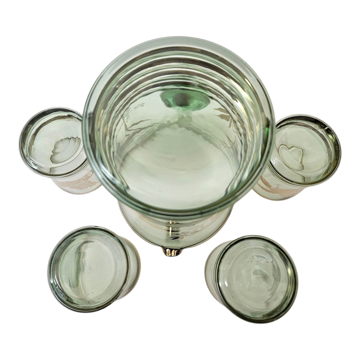 Bohemia Lemonade Suite with 1 green Pitcher and 4 glasses with gold birds and foliage 1950s