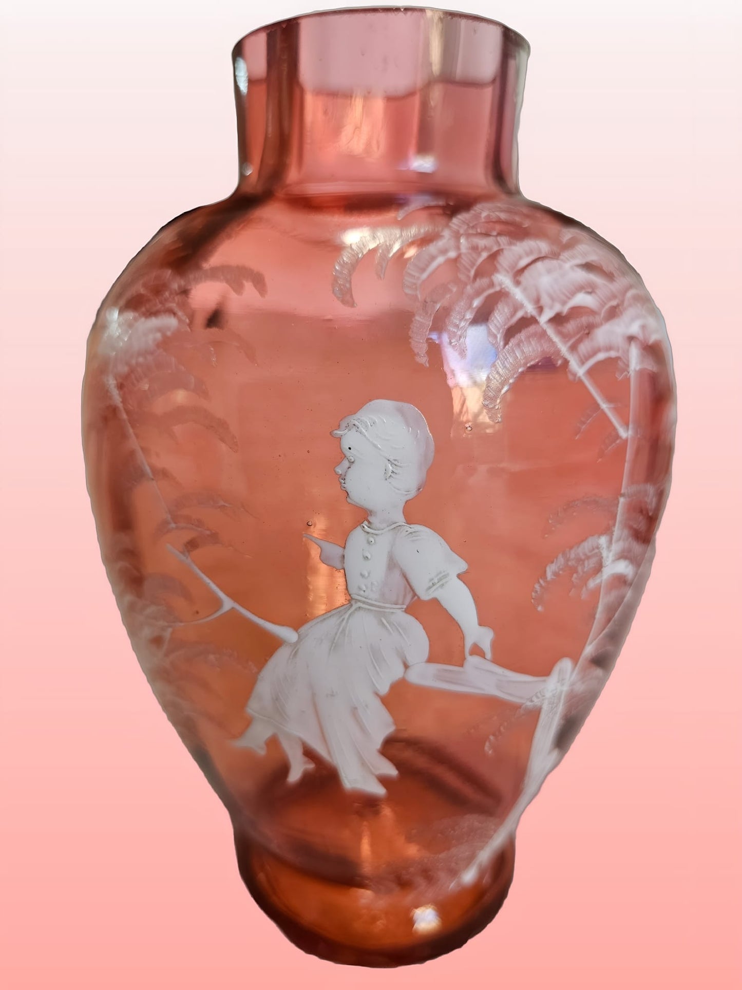 2 x Antique Victorian Mary Gregory cranberry glass vases Circa 1860