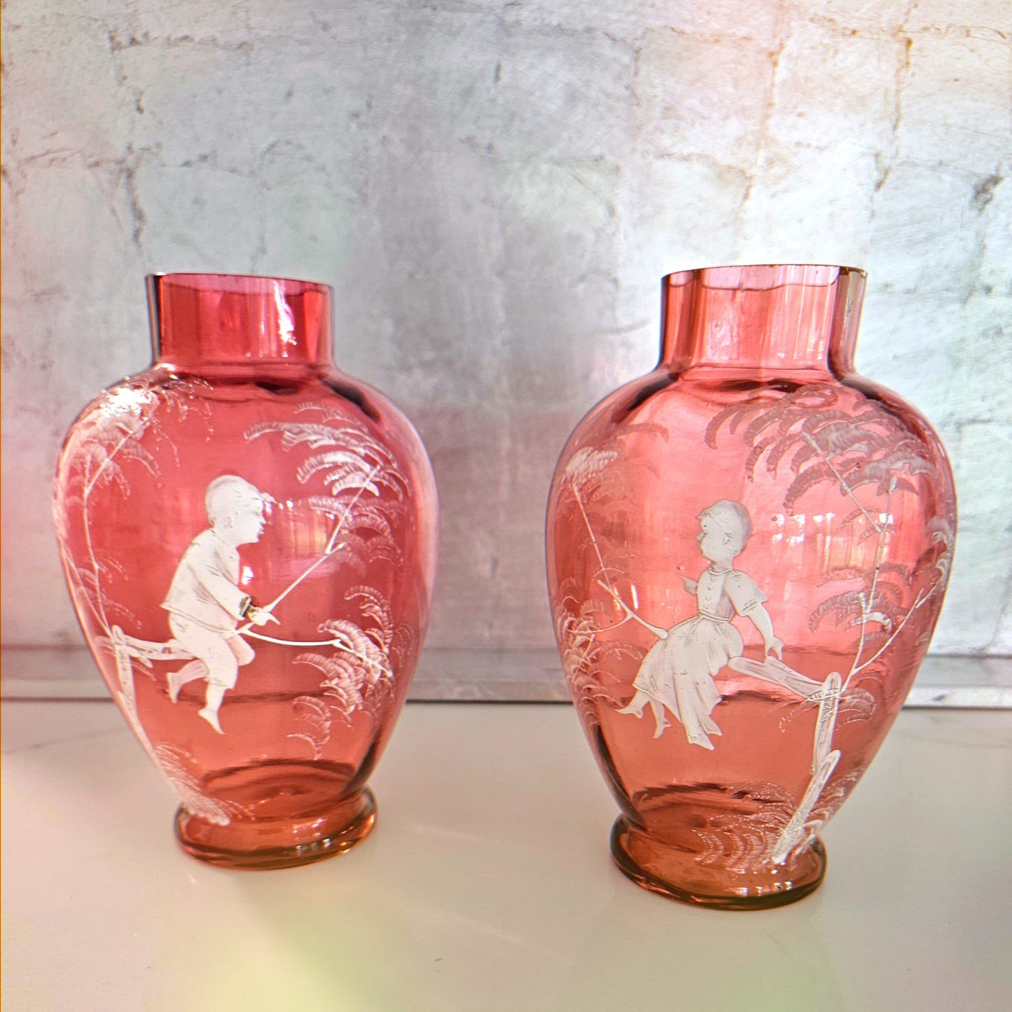 2 x Antique Victorian Mary Gregory cranberry glass vases Circa 1860