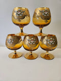 5 x Moser Cognac Snifter Glass Rich Amber with 24cGold Enamel painted flowers