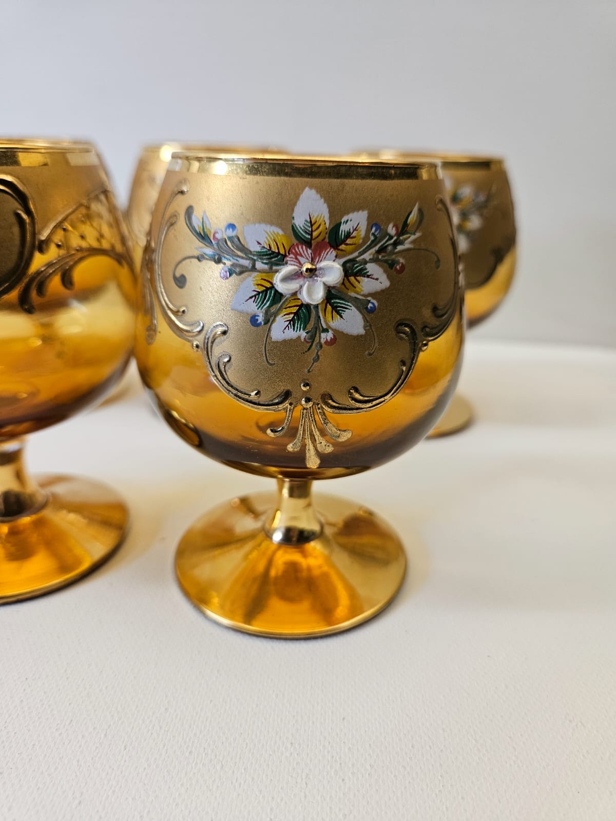 5 x Moser Cognac Snifter Glass Rich Amber with 24cGold Enamel painted flowers