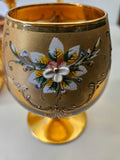 5 x Moser Cognac Snifter Glass Rich Amber with 24cGold Enamel painted flowers