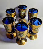 Murano Glass Decanter Set with Six Wine Glasses 24K Gold Leaf - Cobalt Blue