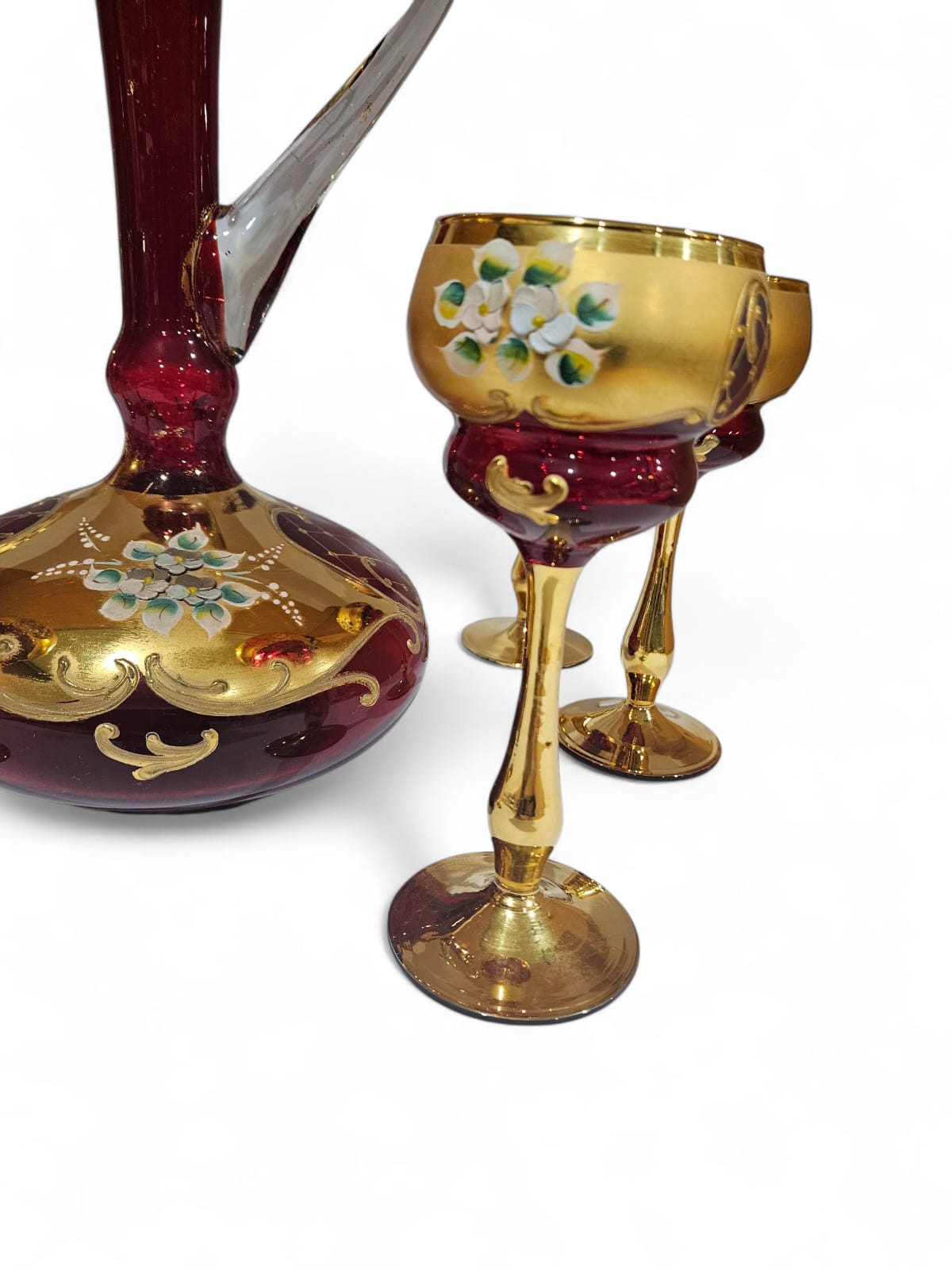 Vintage Murano "Tre Fuochi" Salvadori 24 ct Gold decanter with 6 tall glasses