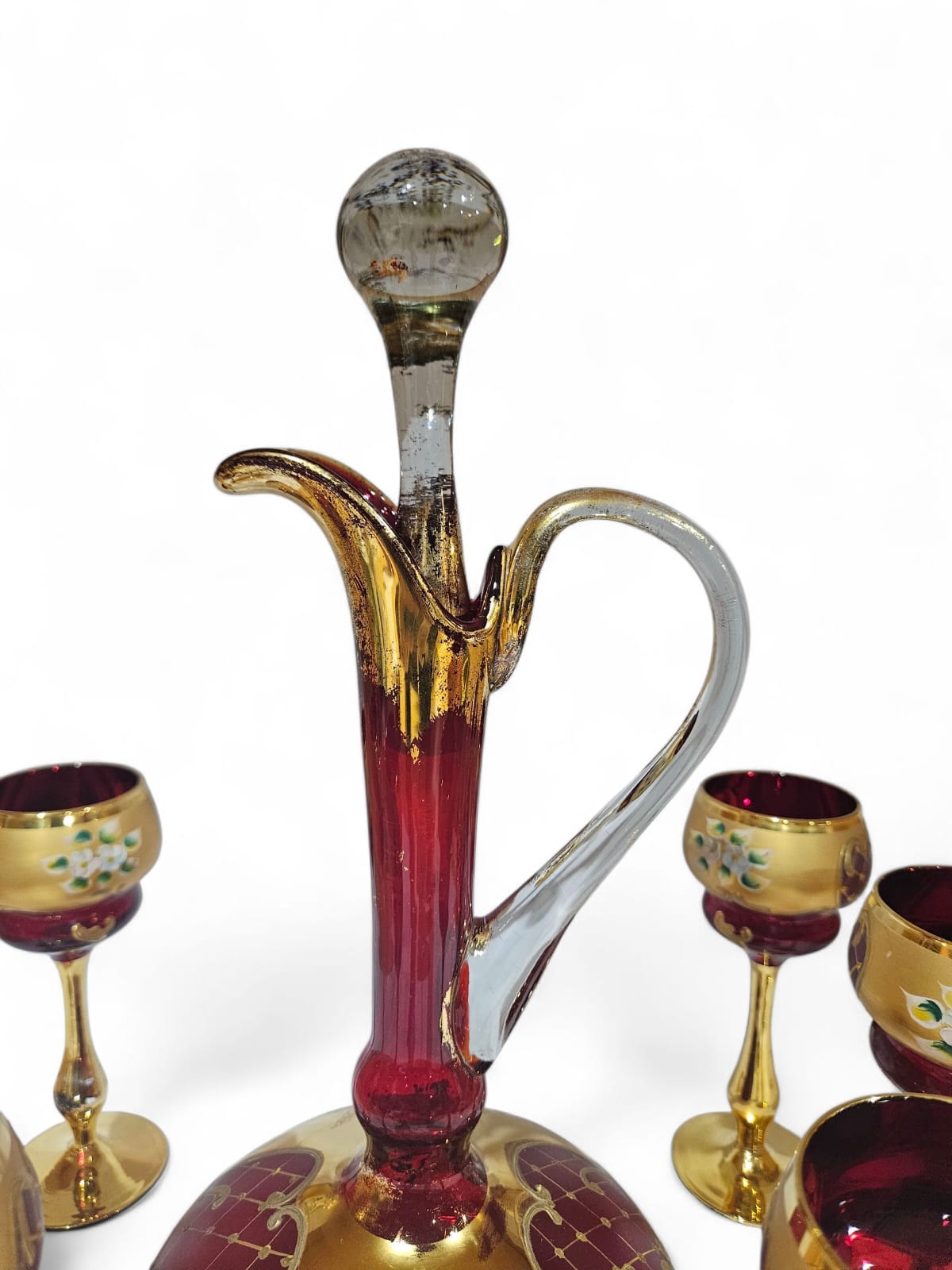 Vintage Murano "Tre Fuochi" Salvadori 24 ct Gold decanter with 6 tall glasses