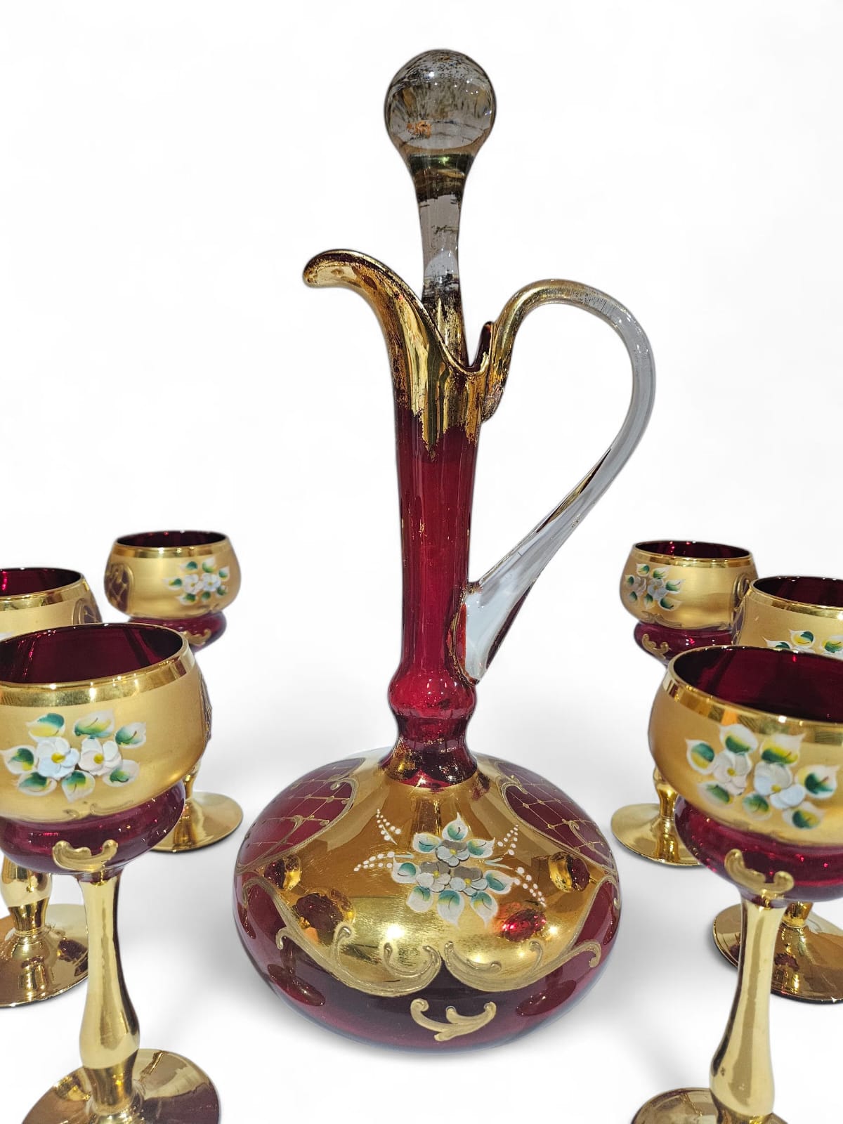 Vintage Murano "Tre Fuochi" Salvadori 24 ct Gold decanter with 6 tall glasses