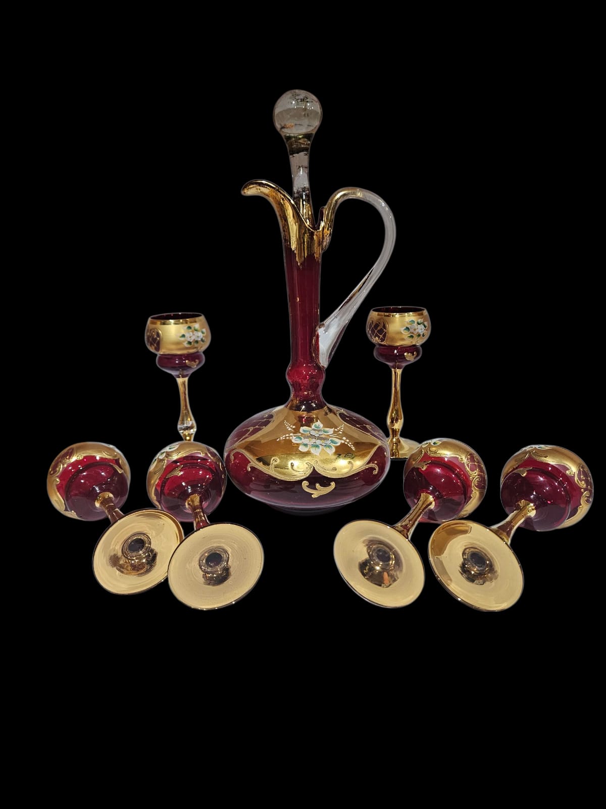 Vintage Murano "Tre Fuochi" Salvadori 24 ct Gold decanter with 6 tall glasses