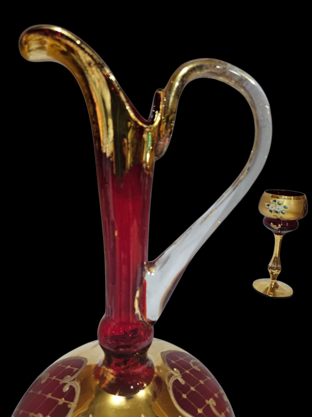 Vintage Murano "Tre Fuochi" Salvadori 24 ct Gold decanter with 6 tall glasses