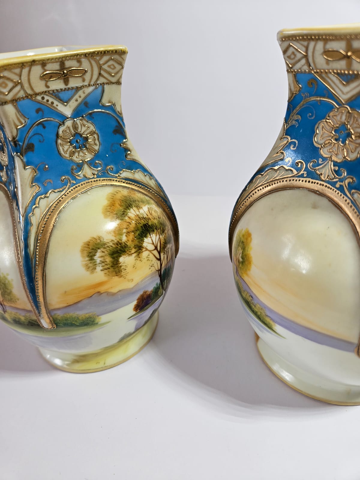 A pair of early antique NORITAKE Vases with hand painted scenes & gilding c.1890