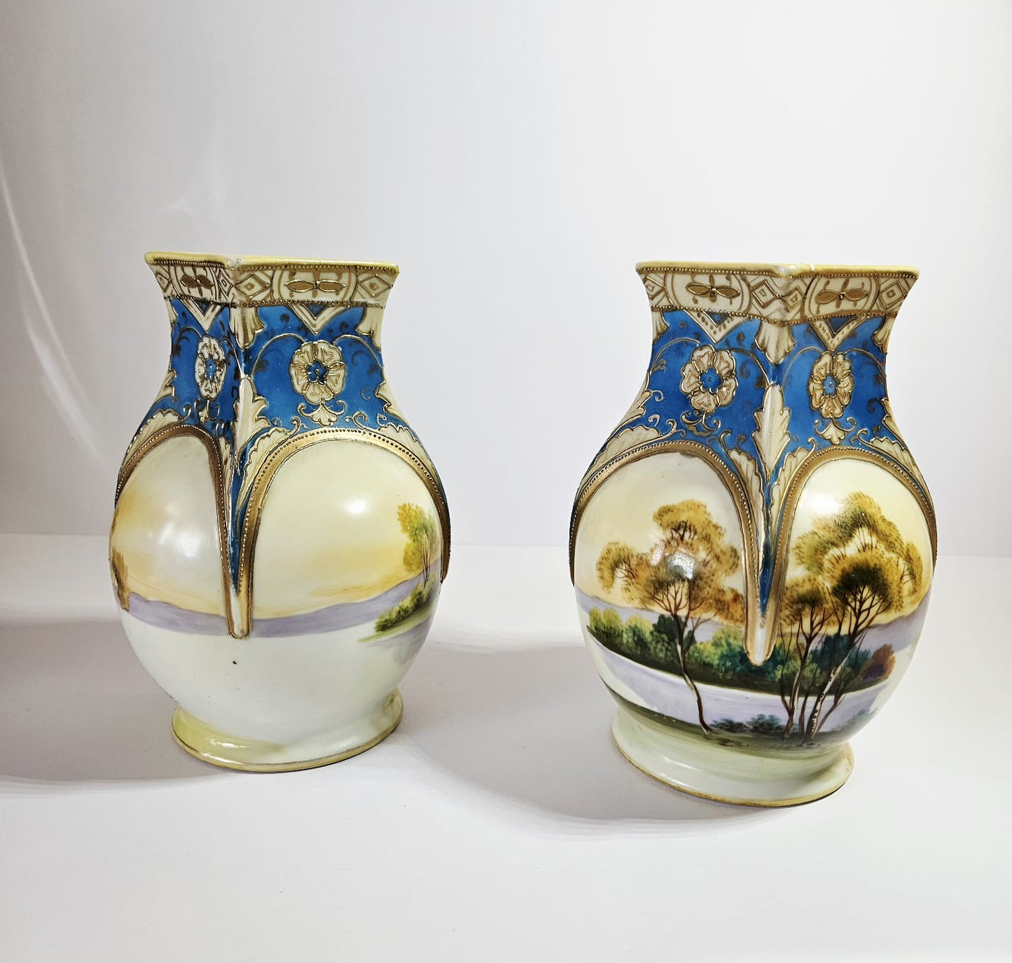 A pair of early antique NORITAKE Vases with hand painted scenes & gilding c.1890