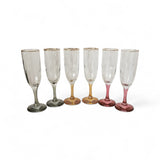 Optic Ribbed Champagne flutes with gold rims and colored Stems, Set of 6