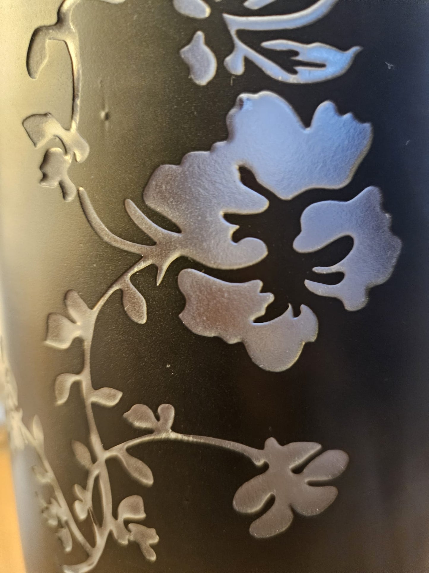 Art Nouveau Hand Blown Tall Burgundy Vase with etched cherry blossoms.