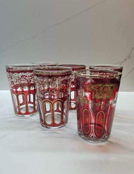 Vintage Bar Glasses - Ruby Art Deco Design - Gold Rimmed - Set of 5