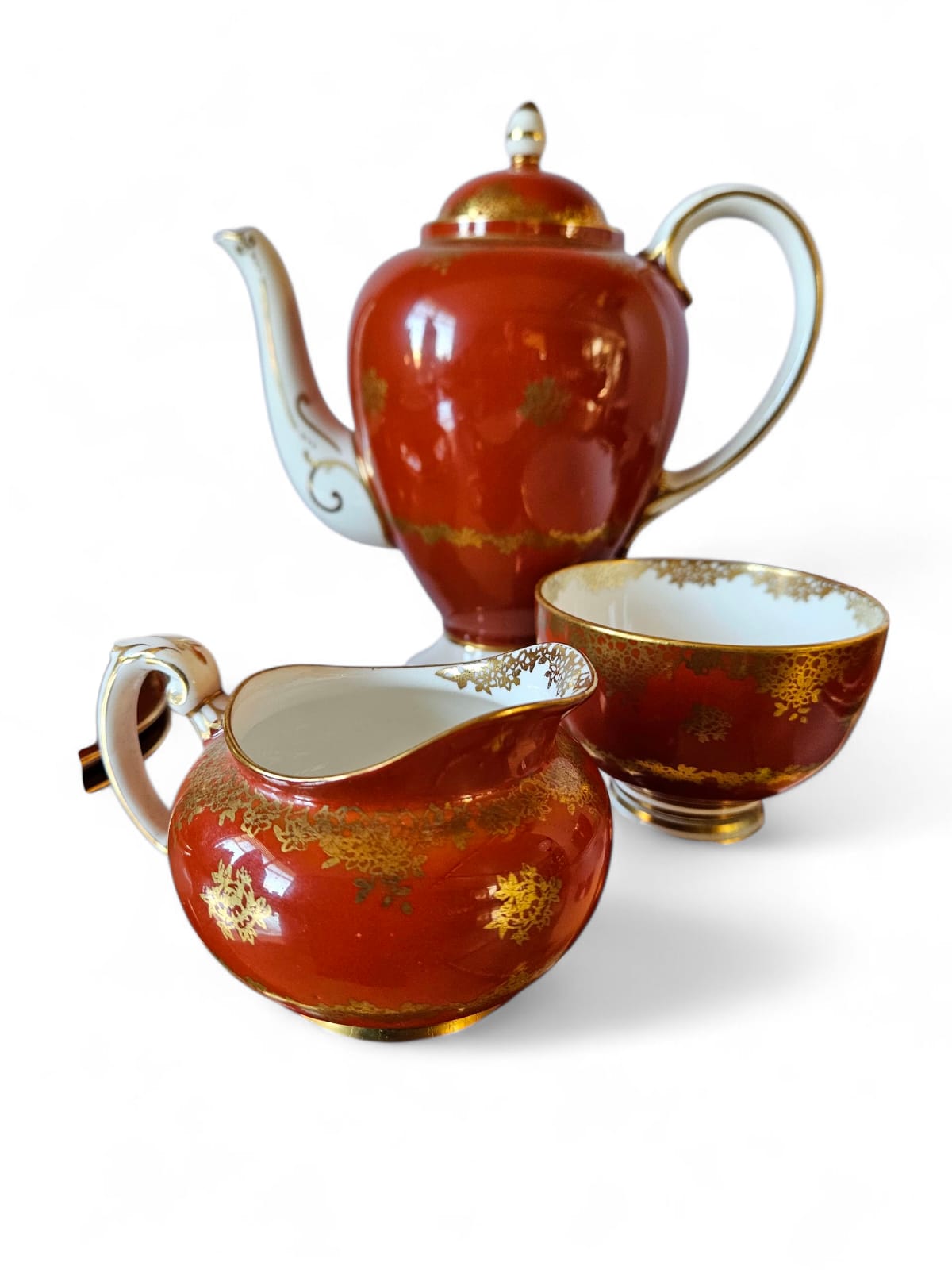 PARAGON Double Warrant Coffee Set 14 Pcs dark orange & Gold Accents 1950s