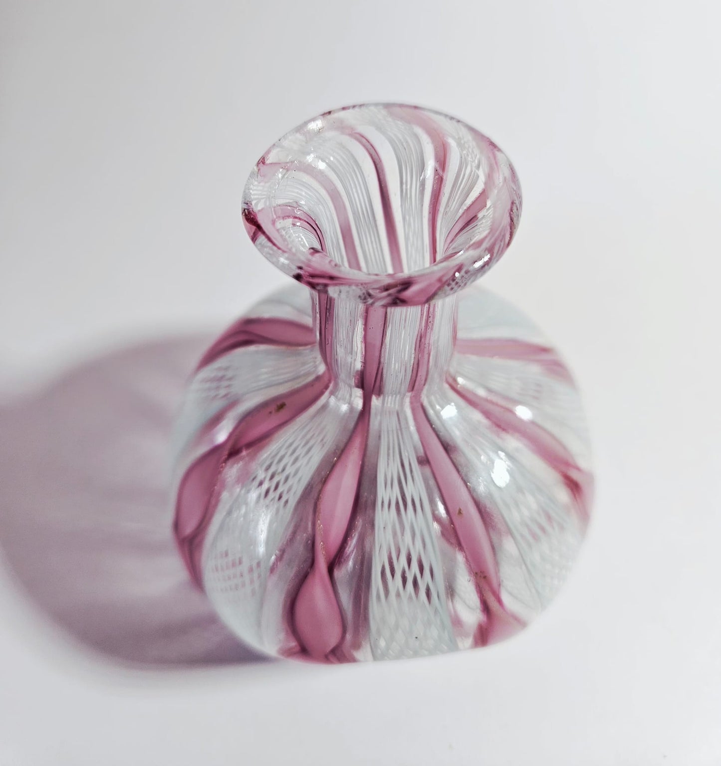 Vintage Murano Pink & White Latticino Art Glass Perfume Bottle with Floral Stopper