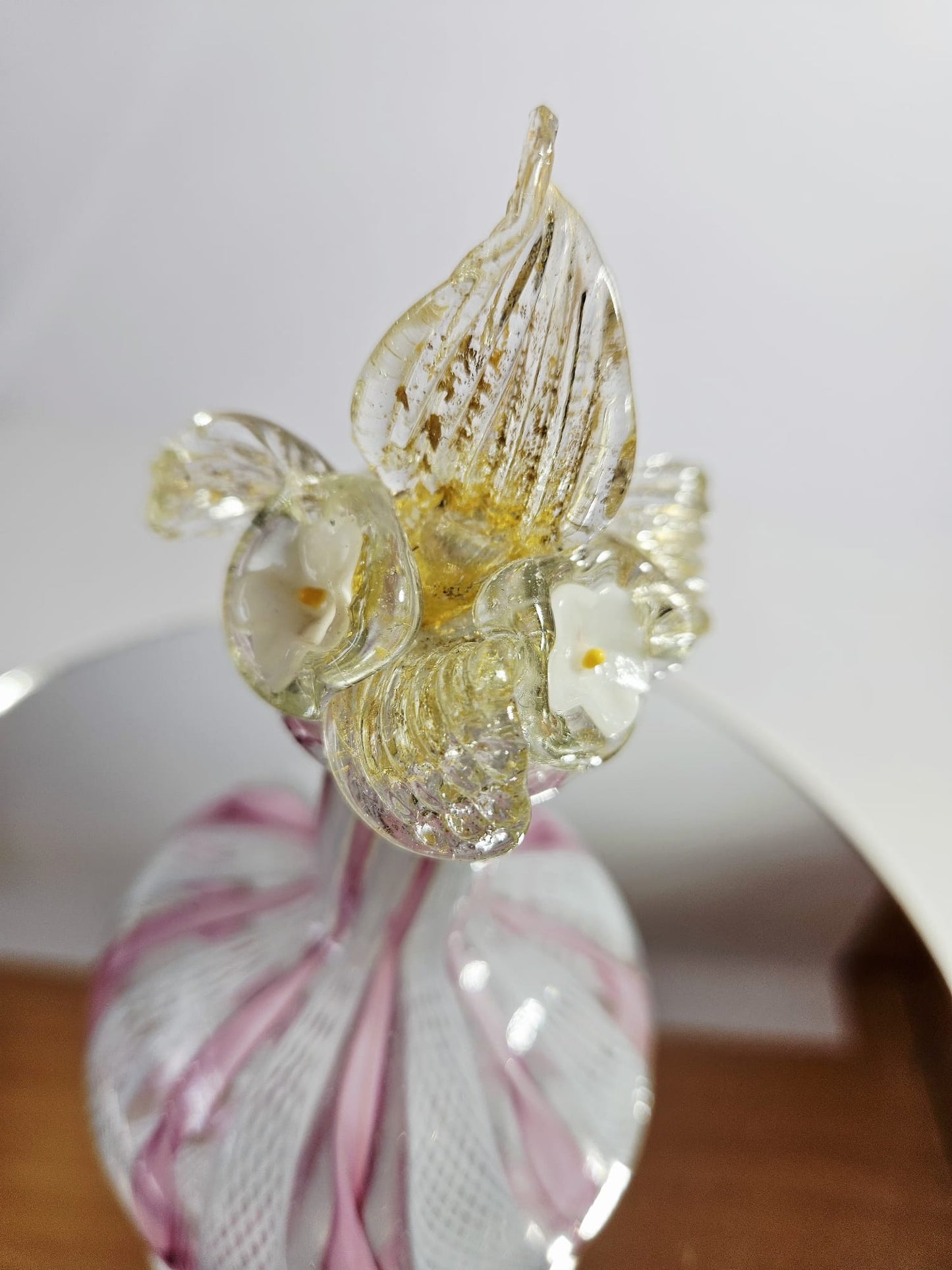 Vintage Murano Pink & White Latticino Art Glass Perfume Bottle with Floral Stopper