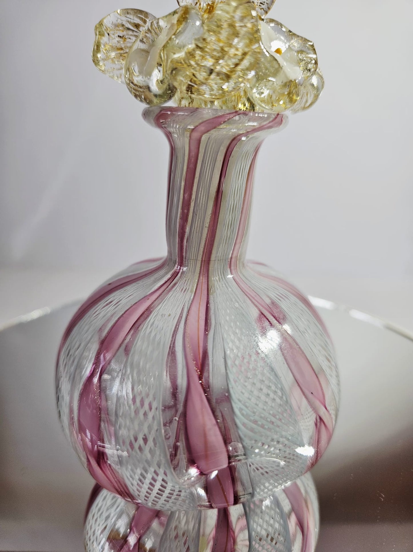 Vintage Murano Pink & White Latticino Art Glass Perfume Bottle with Floral Stopper